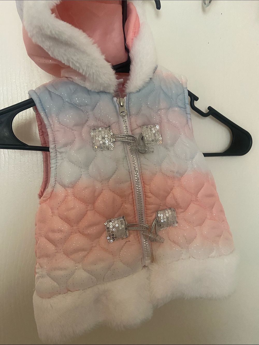 Little Lass Pink Gradient Quilted Hooded Vest with Faux Fur Trim